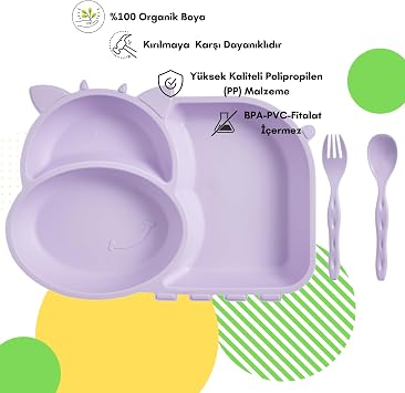 Flybee Cute Cow Lolo 3 Compartment Fun Nutrition Plate، طبق طعام، مجموعة ملعقة شوكة (ليلى)