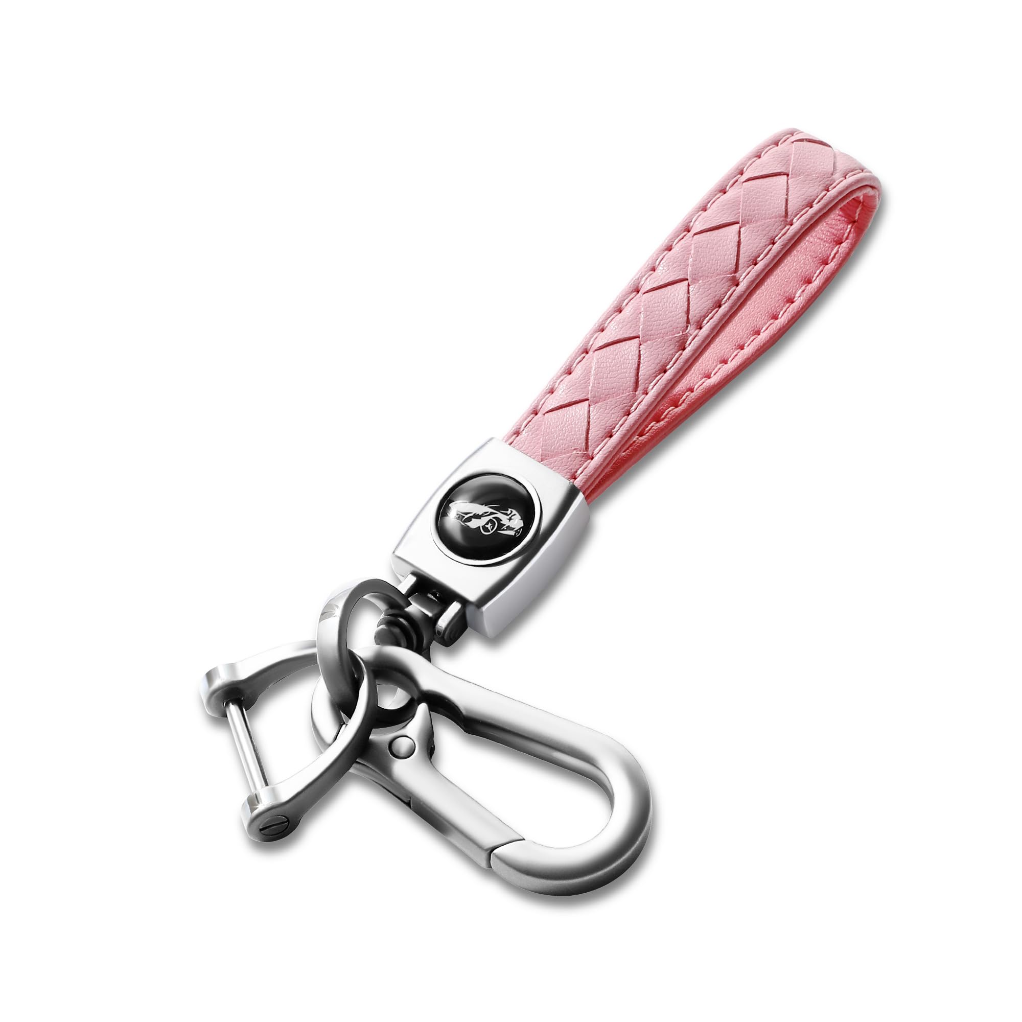 Gkeygo Carabiner Keychain, Universal Heavy Duty Woven Handmade Leather Key Chain, Car Fob Key Keychains with 360 Degree Rotatable Snap Swivel and Anti-Lost D-Ring for Men and Women, Silver - Pink