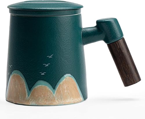 Taza infusora de té con tapa, taza de té de cerámica de 13.5 onzas con mango de sándalo, patrón de pájaro de montaña hecho a mano en hojas sueltas,