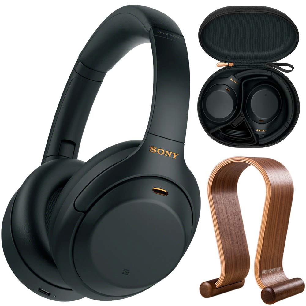 Sony WH1000XM4/B プレミアムノイズキャンセリングワイヤレスオーバーイヤーヘッドホンバンドル デコギア木製ヘッドホンディスプレイスタンドと保護用トラベルキャリーケース付き
