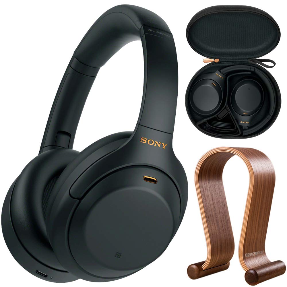 Sony WH1000XM4/B Premium Noise Cancelling Wireless Over-The-Ear Headphones  Bundle with Deco Gear Wood Headphone Display Stand and Protective Travel