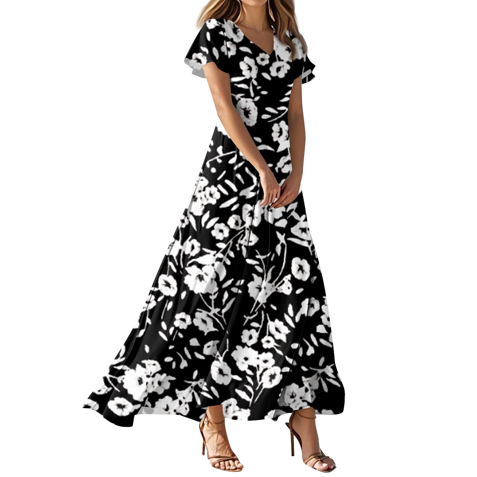 Women's Elegant V-Neck Maxi Long Dress with Flutter Sleeves and Floral Print for Casual & Formal Occasions