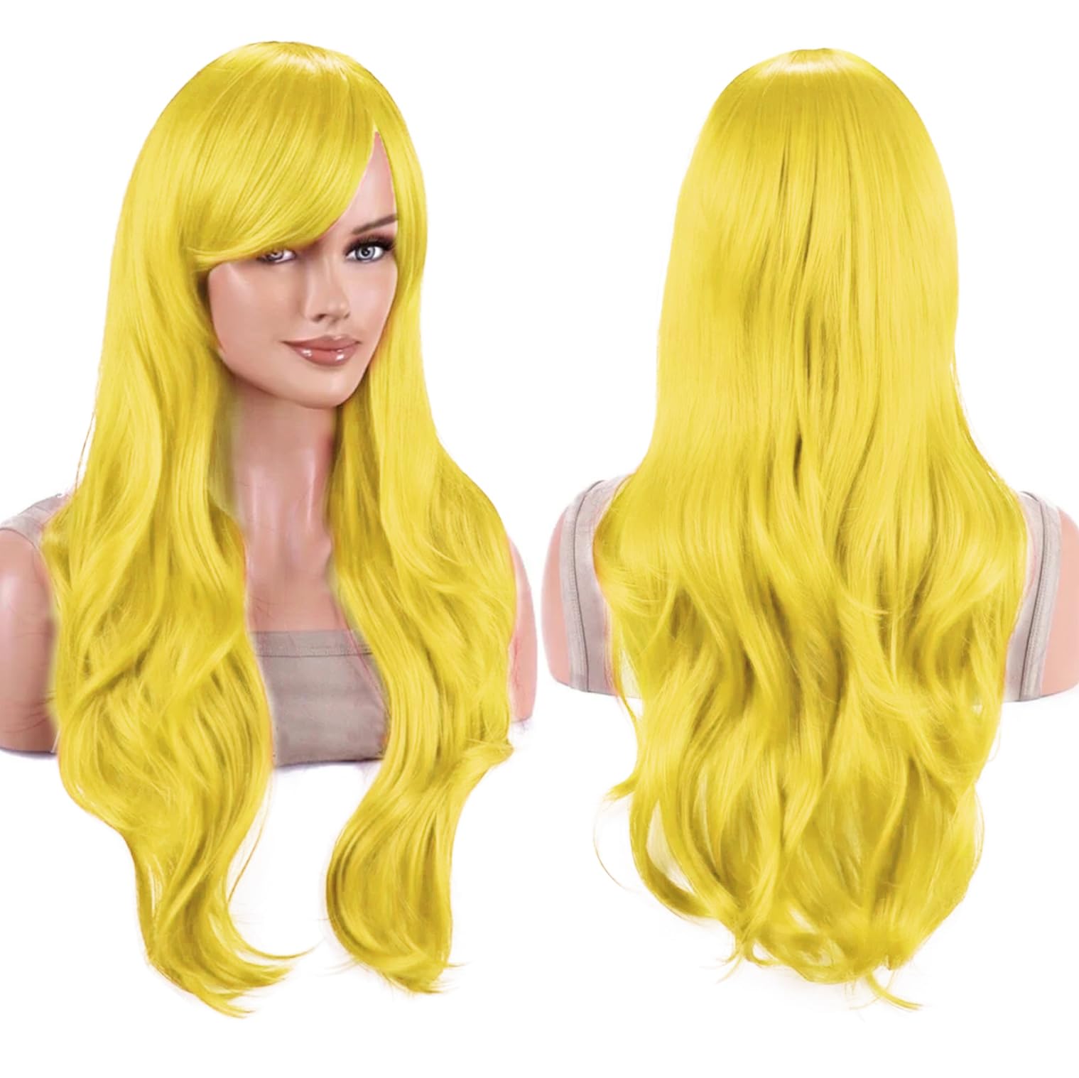 IMISSU 28 Inch/70cm Long Hair Water Wavy Wigs with Bangs Cosplay Costume Wig (Vivid Yellow)