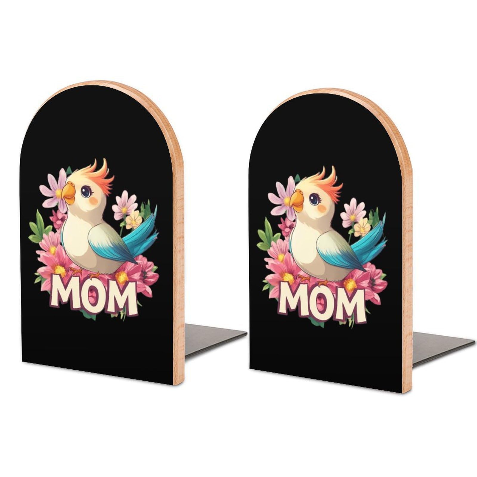 Cockatiel-Mom-Bird Parrot Book Ends Wood Non-Slip Books Stand Book Holders Book Stopper Organizer for Shelves Home Office