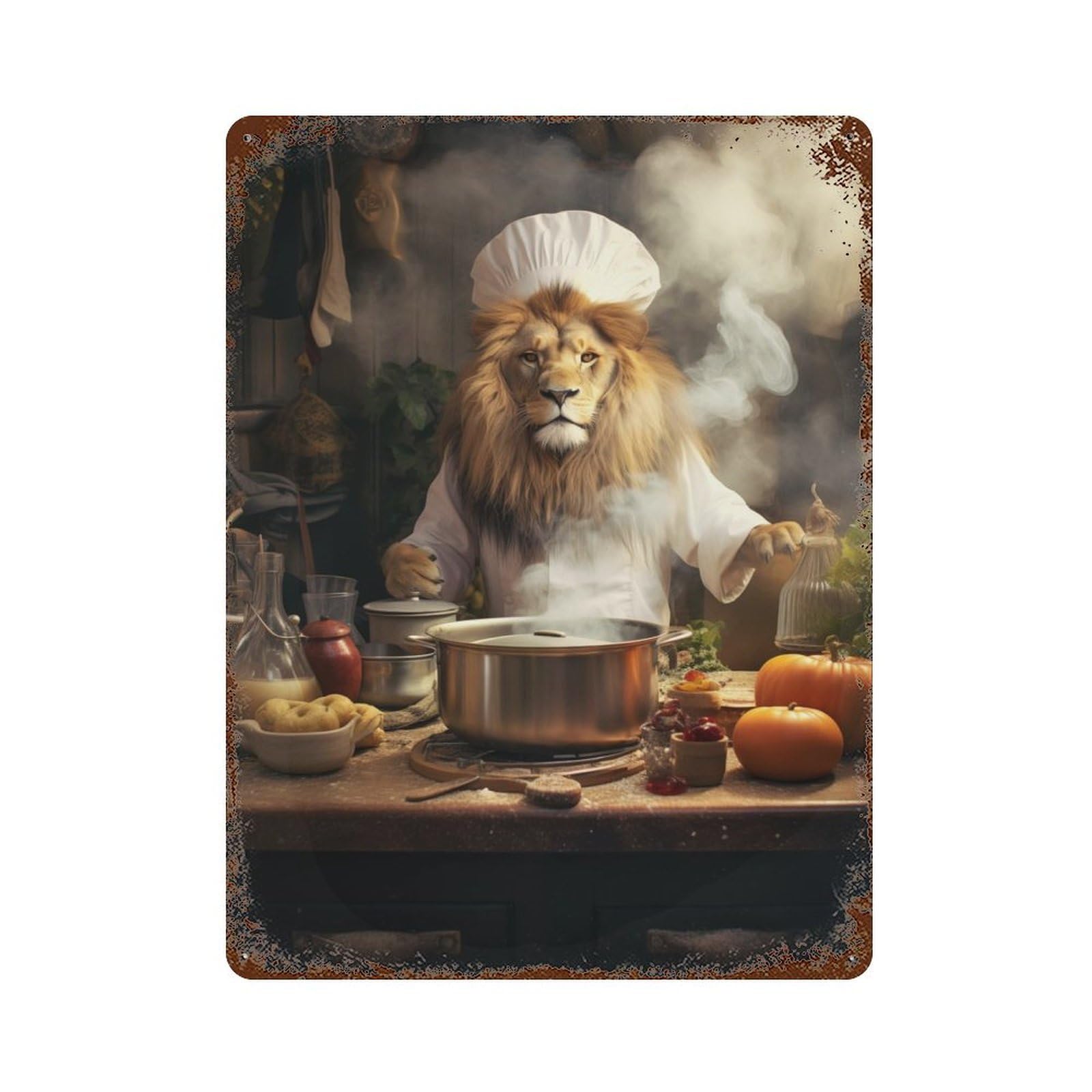 Lion Cooking Kitchen Vintage Metal Tin Sign 15.7"x11.8", Novelty Wall Decor for Garage, Pub Or Kitchen