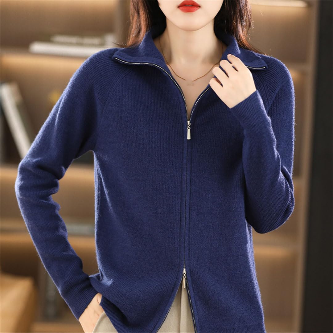 Femmes Laine Pull Double Fermeture Éclair Bas Revers Cardigan Femme Décontracté Tricoté Hauts Veste