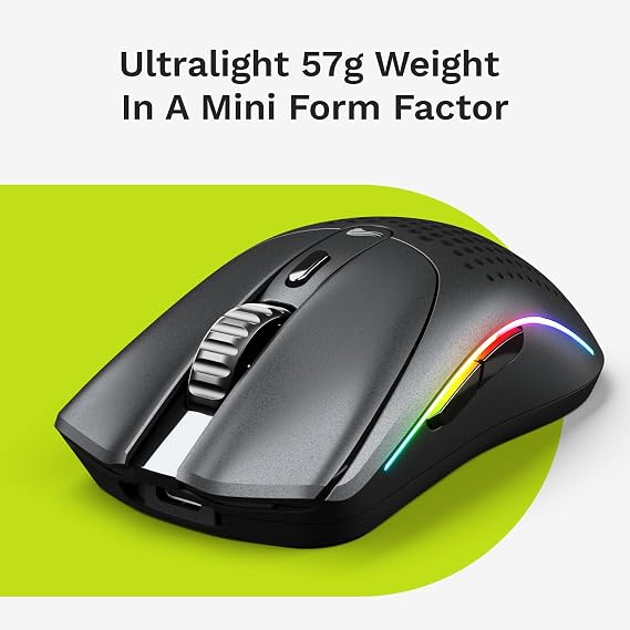 Glorious Model O 2 Mini Kablosuz Siyah Oyuncu Faresi: 57 gram, 210 Saate Kadar Pil Ömrü, Çifte Kablosuz 2.4 GHz ve Bluetooth 5.2, 26K Optik Sensör, 80 Milyon Tıklama, 6 Programlanabilir Düğme,