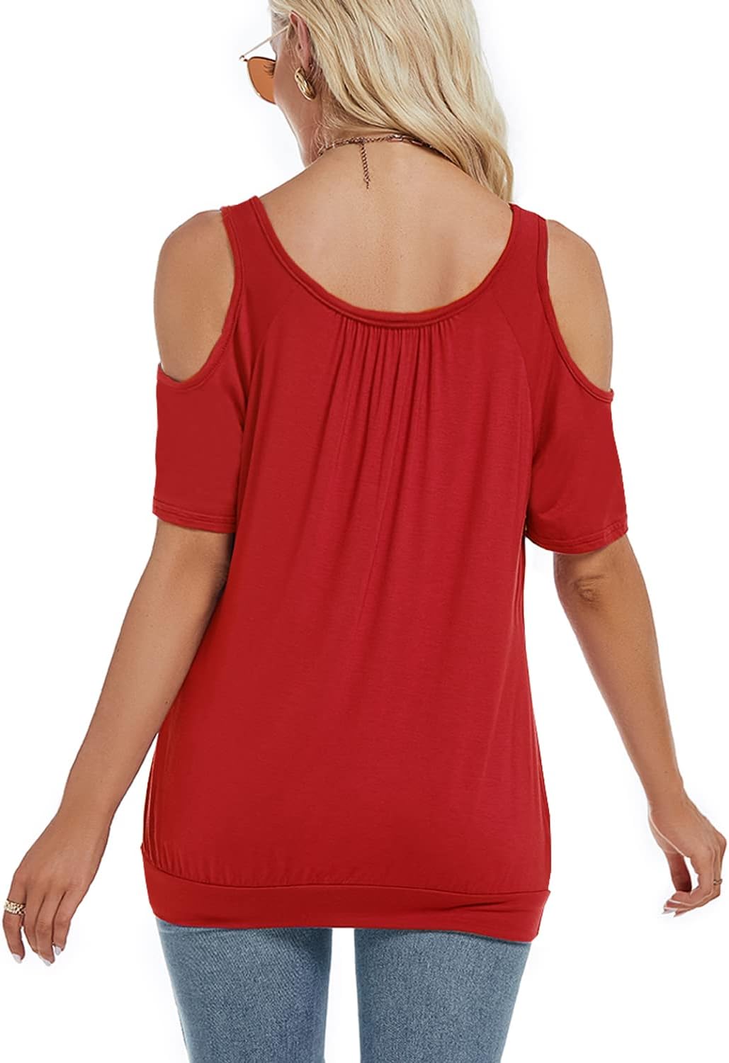 LEIYEE Womens Cold Shoulder Tops Summer Sexy Casual Short Sleeve Ruched Scoop Neck Banded Bottom Shirts Blouse - Image 4