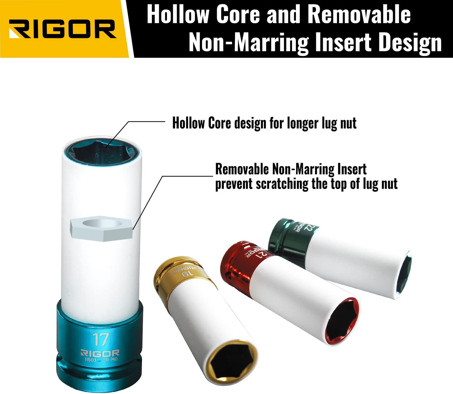 RIGOR 11516 Non-Marring Lug Nut Socket Set | Wheel Protector Impact Socket Set | 1/2" Drive, 6 Point, CR-MO | Metric 17mm, 19mm, 21mm, 22mm