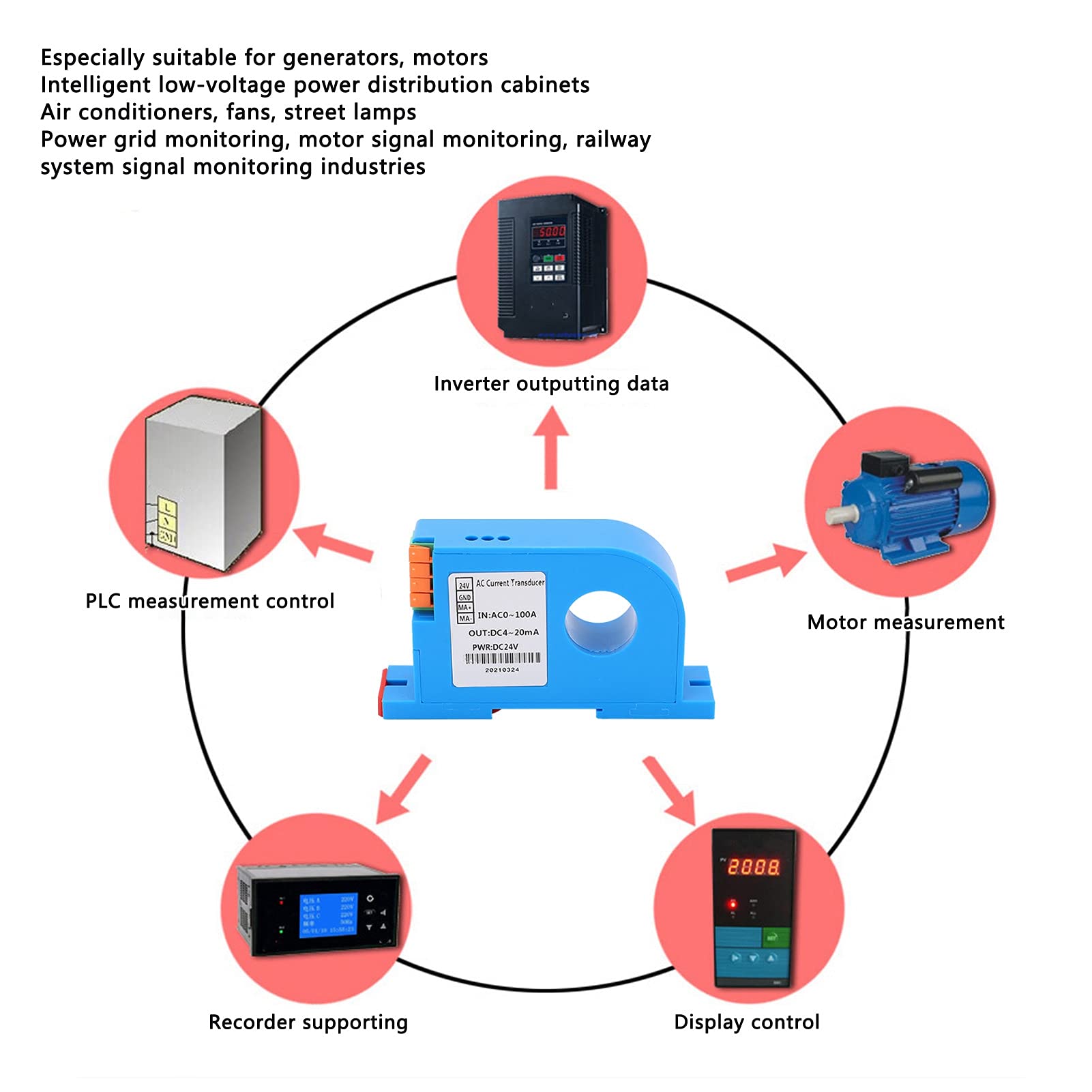 AC-Strom-Transmitter, DC 4‑20mA Output Power Distribution Control Stromwandler AC 0‑100A, für Klimaanlagen, Straßenlaternen, Stromnetzüberwachung