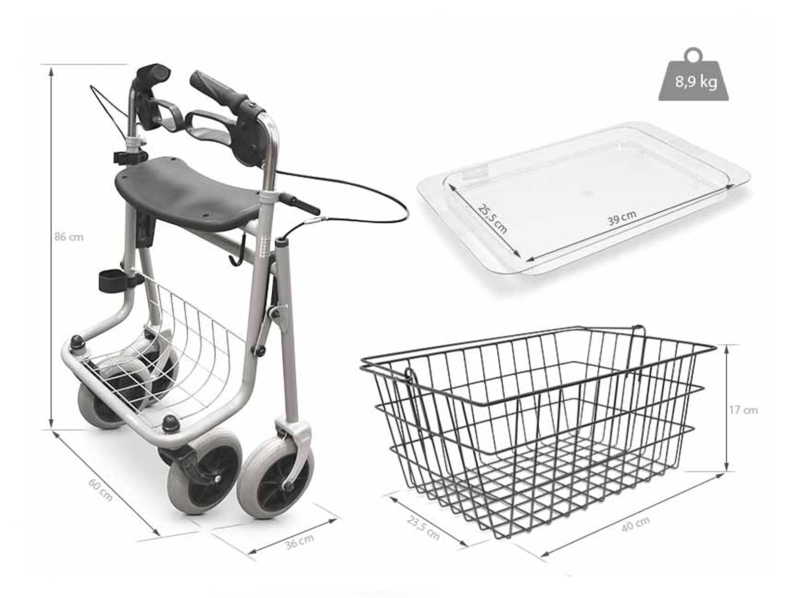 QUIRUMED - Andador con Bandeja y Canasto | Soporte para Bastón | Alta Capacidad de Carga | Ajustable en Altura y Plegable | Ideal para Personas Mayores, Gris