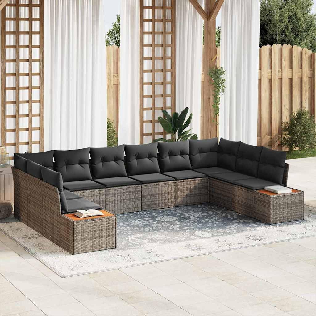 Set di 10 divani da giardino in polyrattan grigio con cuscini