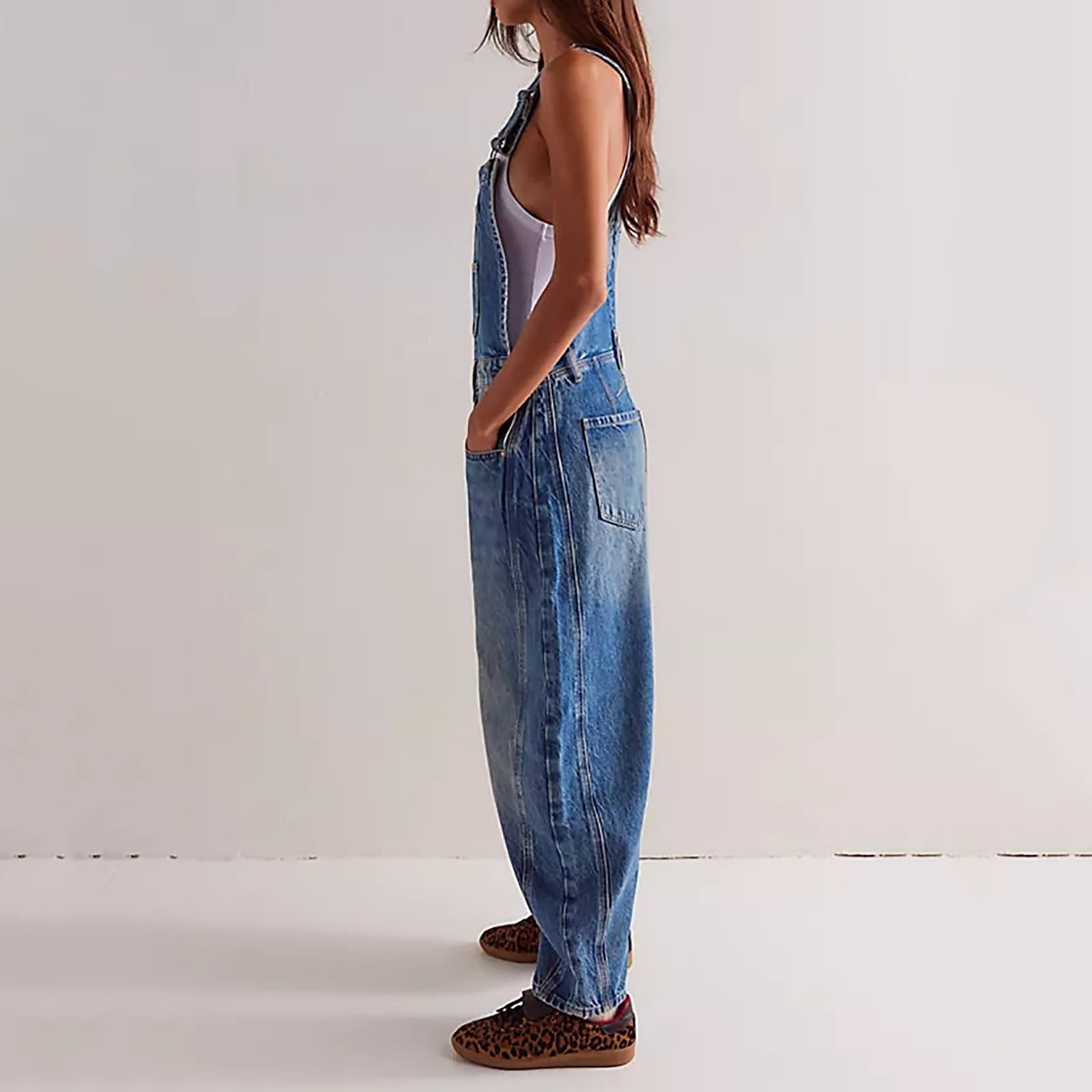 Mono con Tirantes y Peto para Mujer Peto Vaquero Mono Informal Holgado Sin Mangas con Tirantes Ajustables Mono Largo con Bolsillos