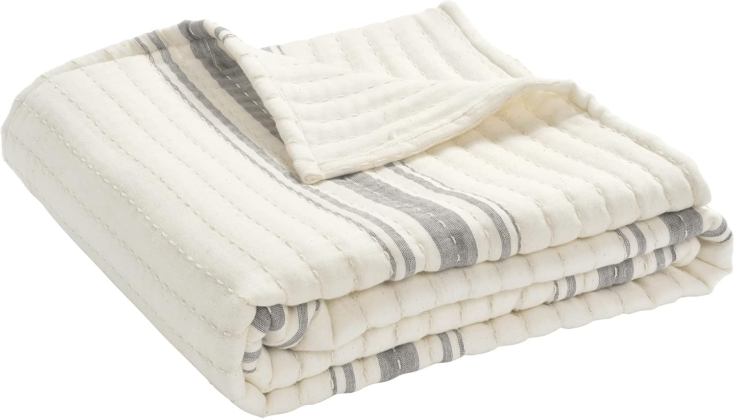 Lush Decor Farmhouse Stripe Kantha Pick Stich Yarn Dyed Cotton Woven Throw Reversible Ticking Pinstripe Design Blanket, 50" x 60", Gray