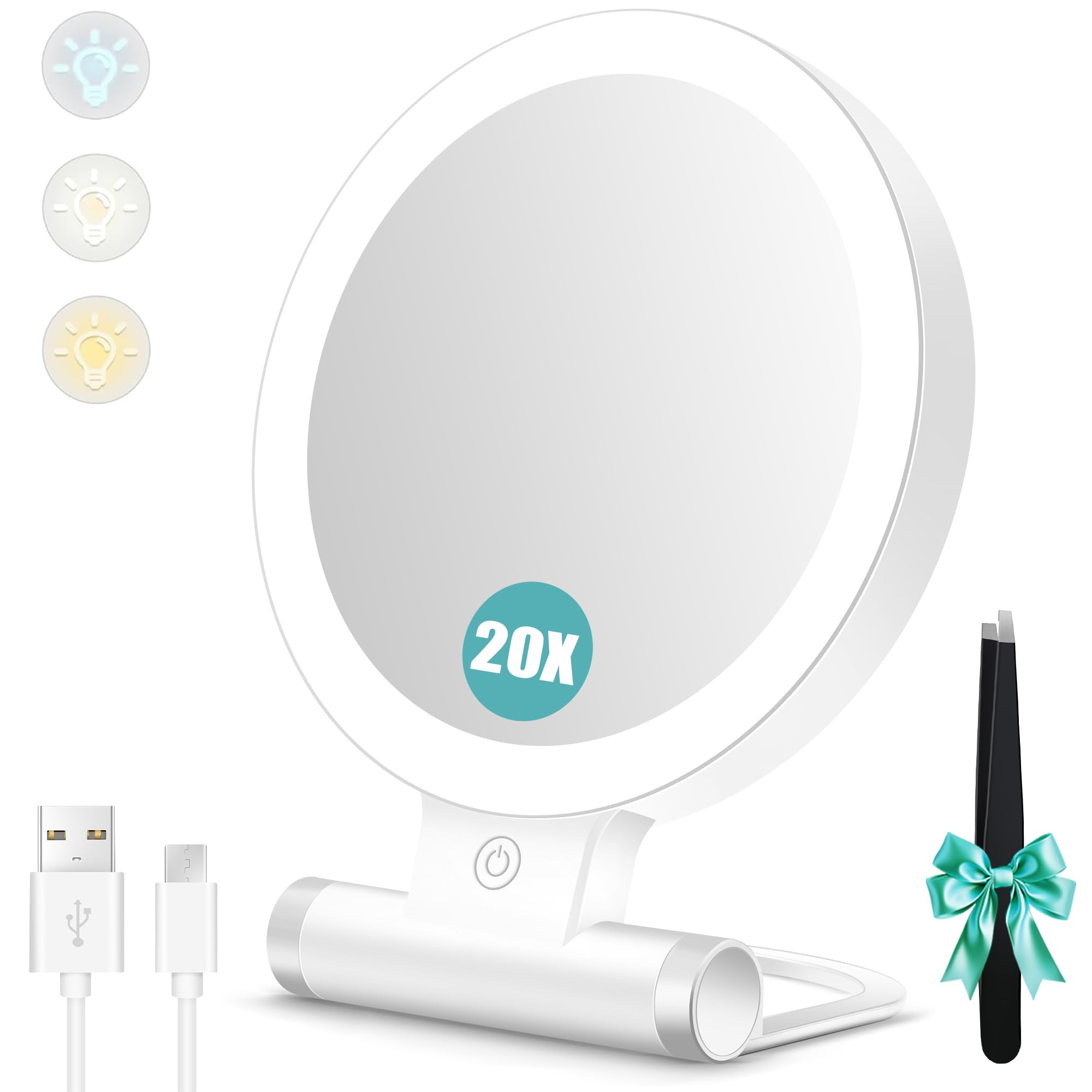 B Beauty Planet Magnifying Mirror with Light 20X/1X,Double Sided Tabletop Mirror with Adjustable Folding Handle,Cosmetic Mirror for Makeup/Travel, Tweezing, and Blackhead/Blemish Removal (9"L x 7"W)