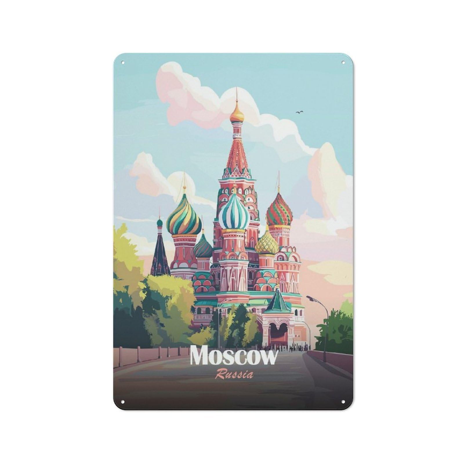 Junmoney Style-13 Loft Style Moscow, Russia St. Basils Cathedral Illustration Decorative Metal Plaque 30X20cm, Studio Wall Art For Workspace, Cafe, Hallway Or Garage