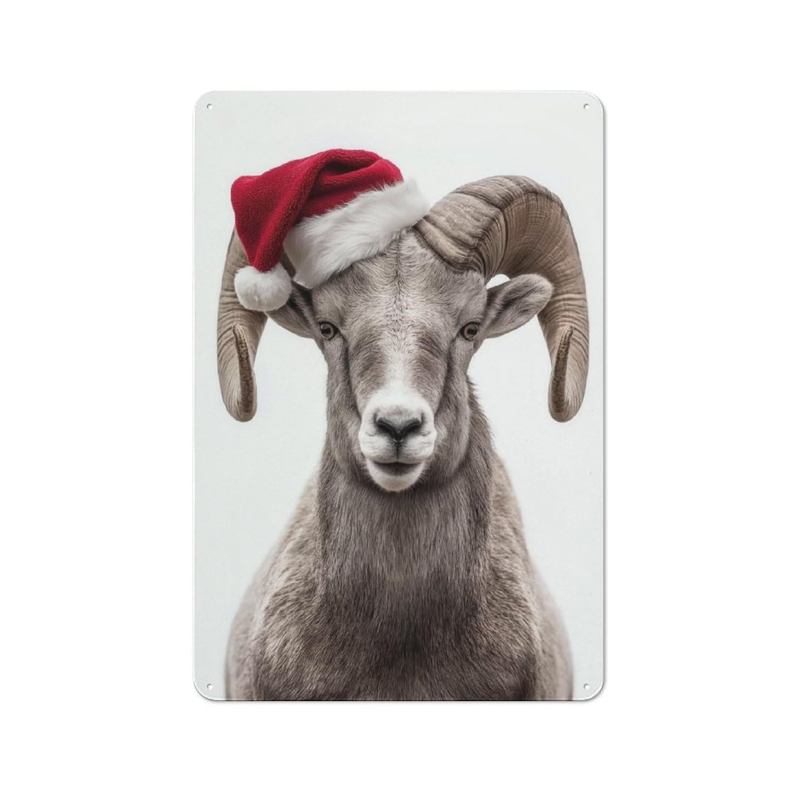 Junmoney Ram With Santa Hat Metal Plaque 30X20cm With For Hallway Wall, Rustic Decor, For Garage, Workshop And Man Cave Decoration