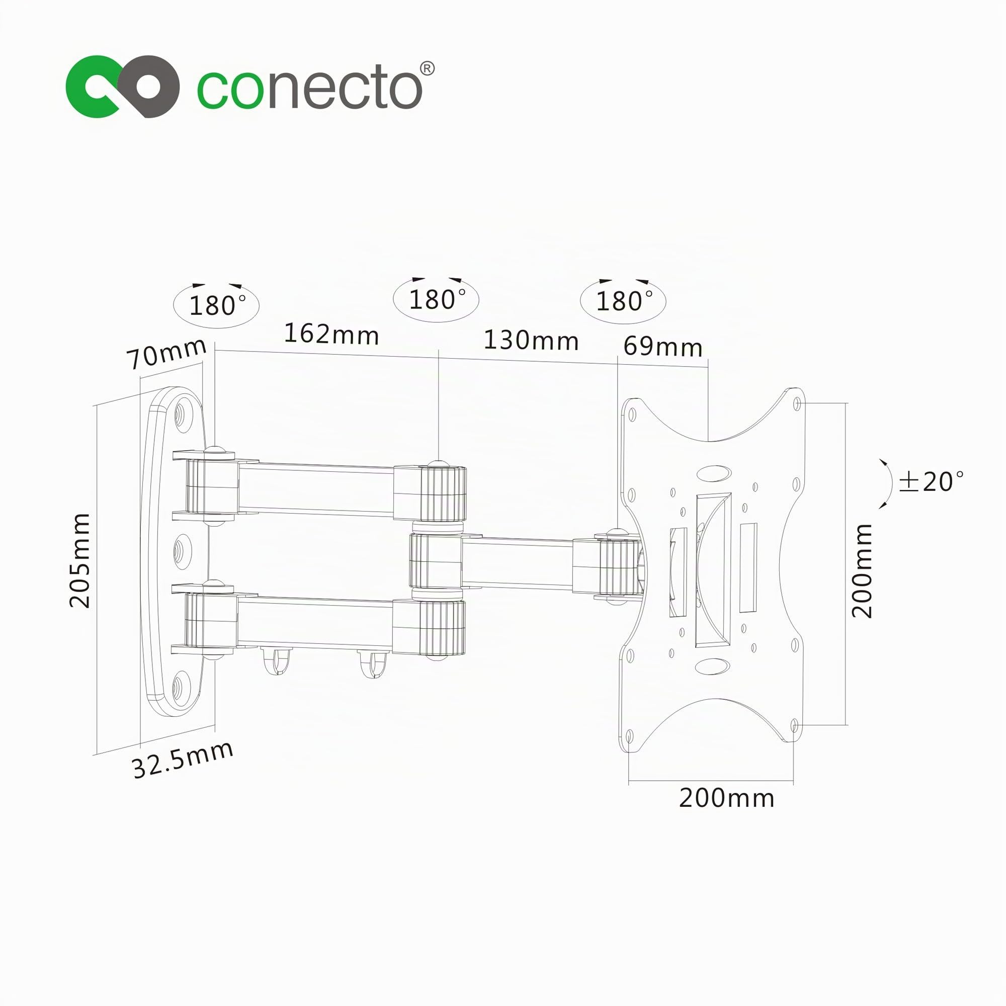 conecto supporto a parete per dispositivi TV/monitor con 58-107 cm (23-42"), VESA 200x200, inclinabile: +/-20°, girevole: +/-90°, distanza parete: 10-39,3 cm, carico max: 30 kg, bianco