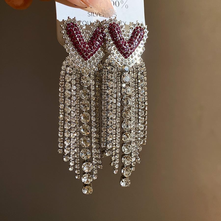 Rhinestone Heart Dangle Drop Earrings for Women Fashion Crystal Statement Long Tassl Earring Wedding Bridal Drop Dangle Jewelry - Image 3