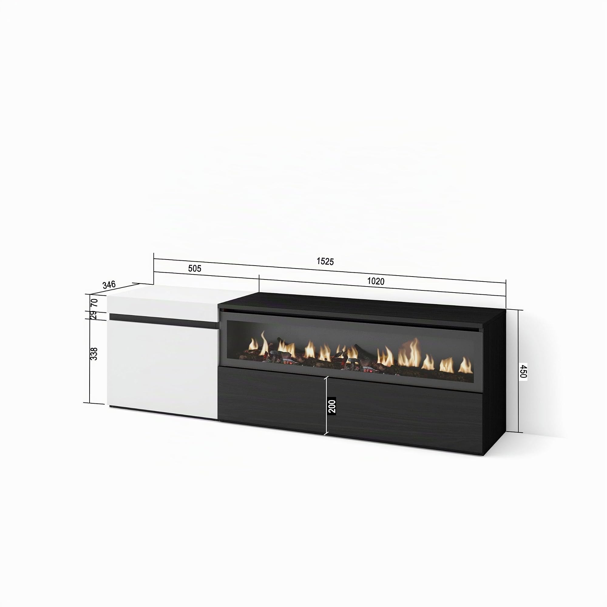 Skraut Home | Mueble TV | Televisión | Muebles de salón, almacenaje | 150x45x35cm | para TV hasta 65" | Chimenea eléctrica | Estilo Moderno | Blanco y Negro
