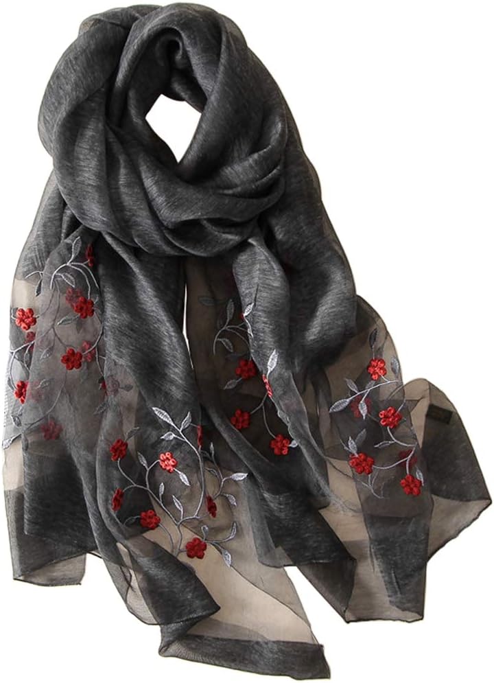 AlyseeWomen Lovely Silk&Wool Mixed Floral Embroidered Scarf Shawl Wrap