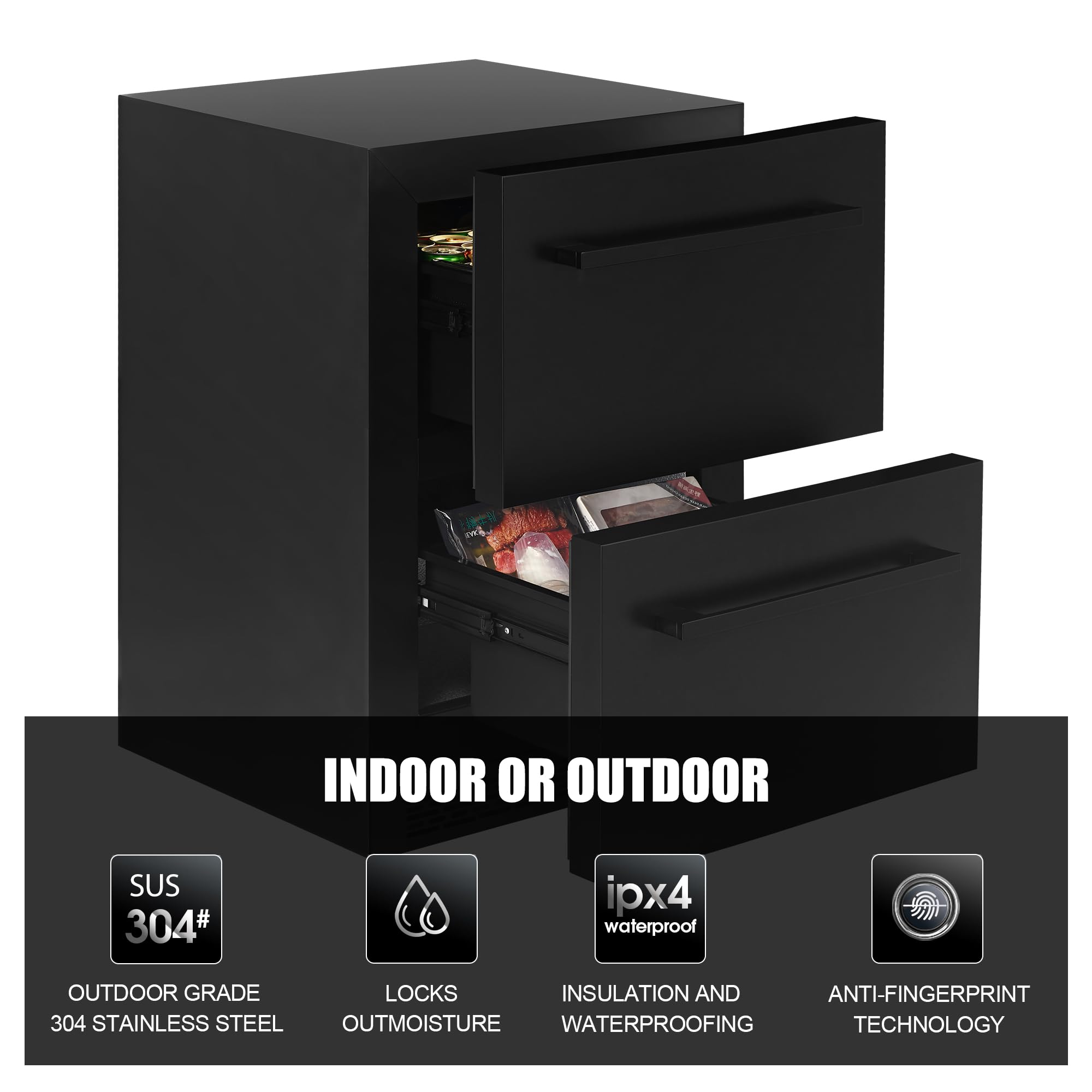 24inch Double Drawer Refrigerator With Freezer,Under Counter Beverage Fridge For Indoor Outdoor Kitchen, Waterproof Black Stainless Steel Freezer For Freshness & Freezing Meat (-0.4℉ To 50℉) on Fridge.com - View 6