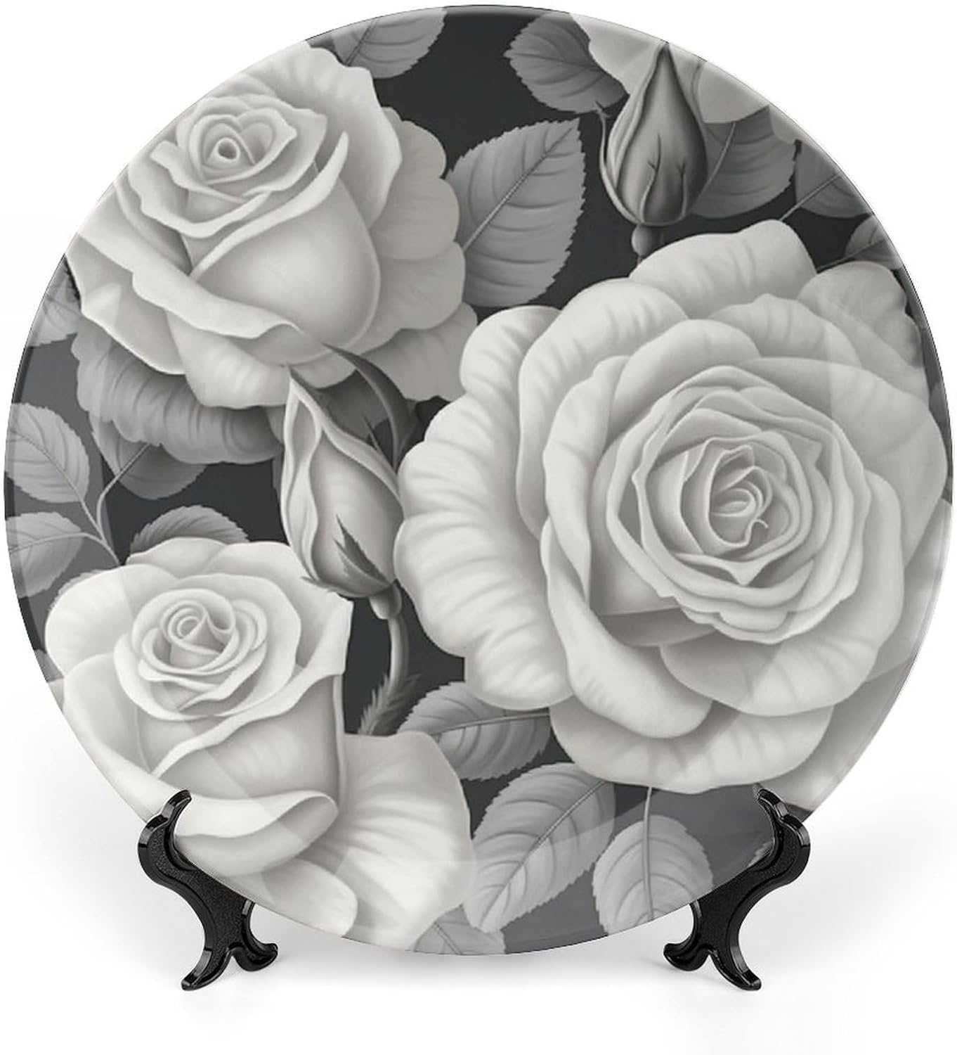Bone China Decorative Plates Gray Rose Pattern Ceramic Decorative Plate Wall Decor with Display Stand Ceramic Ornaments for Wall Hanging Decoration