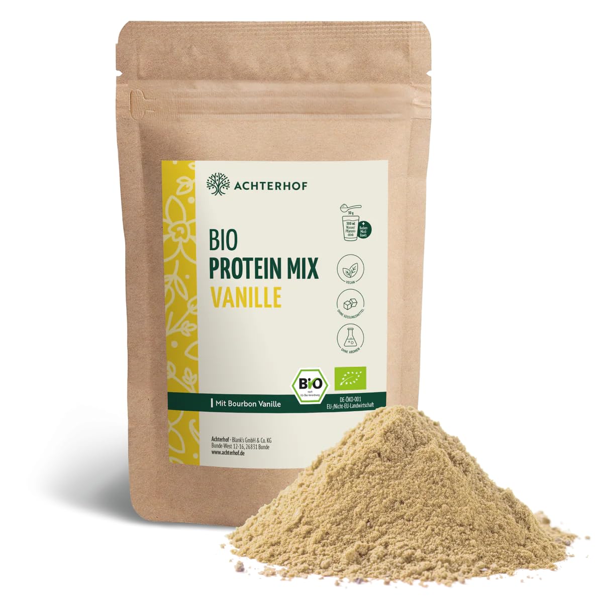 Bio Protein Mix Vanille 500g | Erbsen- und Reisprotein mit echter Bourbon Vanille und Ballaststoffen | 100% natürliche Bio-Proteinmischung | Achterhof