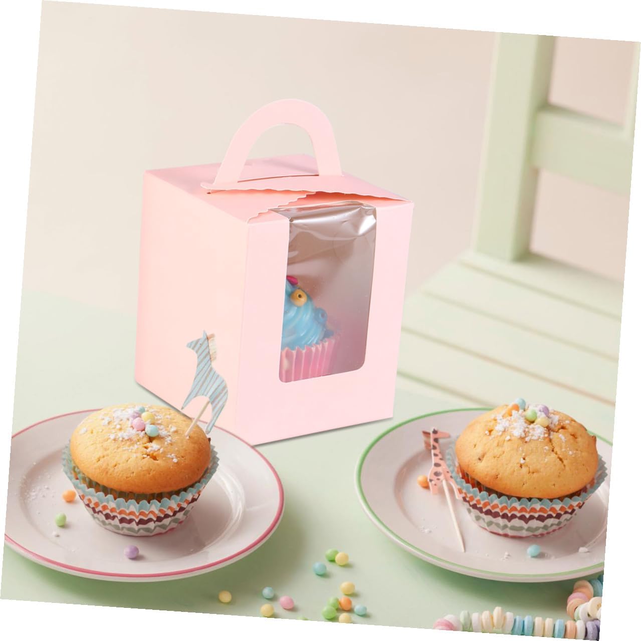50pcs Pink Paper Cupcake Boxes Single Muffin Container Food Packaging Box Portable Party Cake Holder with Handle