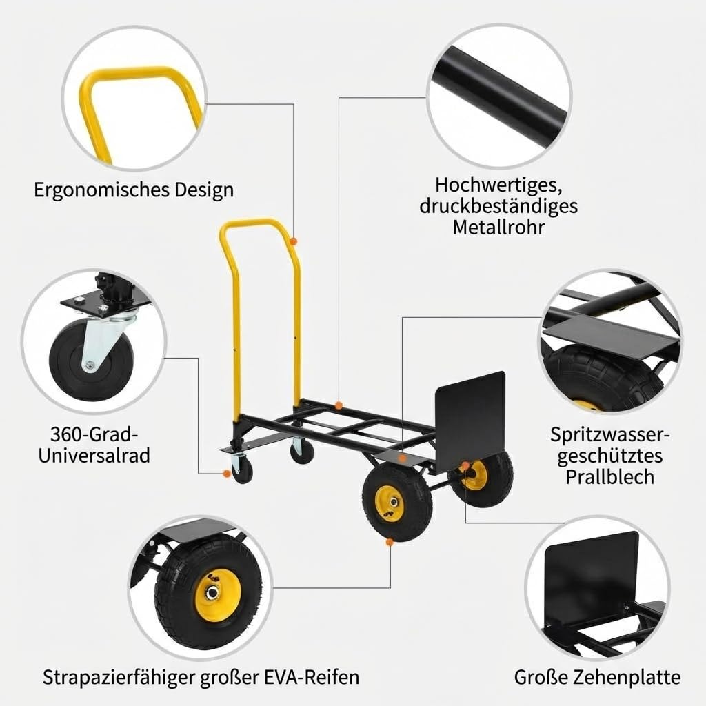 2-in-1 Transportwagen Handwagen Faltbar Mit 4 Pannensicheren Rädern, Schwerlast Tragkraft 362kg – Ideal Für Umzug, Lager, Büro & Industrie, Schwarz Gelb