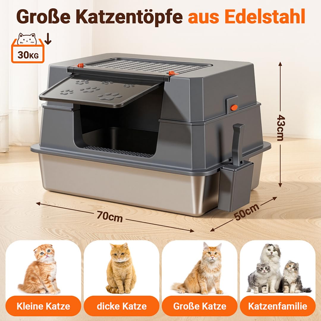 Edelstahl Katzenklo XXXL mit Deckel,70 x 50 x 43 cm,Grau