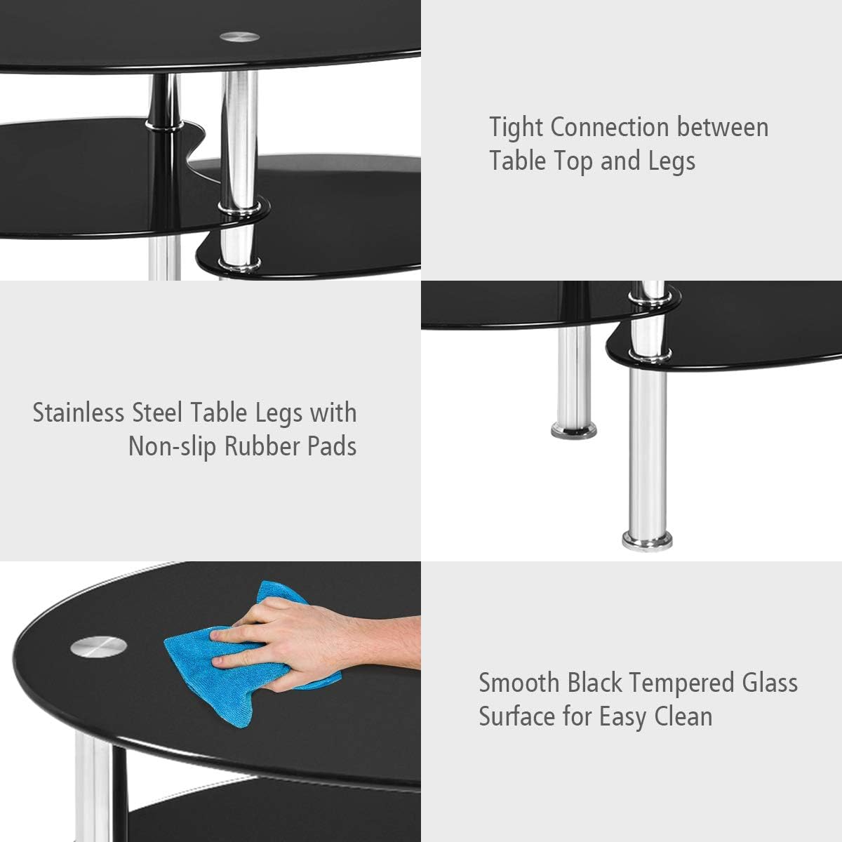 S AFSTAR Glass Coffee Table, 3-Tier Modern Oval Smooth Glass Tea Table Center Table End Table with Open Storage Shelf,Sturdy Steel Legs for Living Room,Home,Office,Cocktail Tea Table (Black)