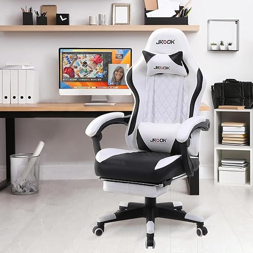 Miniatura 2 de JKOOK JK08 - Silla de juegos con reposapiés, silla de escritorio multifuncional con reposabrazos de conexión, piel sintética, sillas de computadora