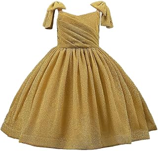 SARAHA DESIGNER Elegant Girls' Gold Glitter Party Dress with Bow-Tied Shoulder Straps & Flowy Pleated Skirt – Perfect for ... Price In India