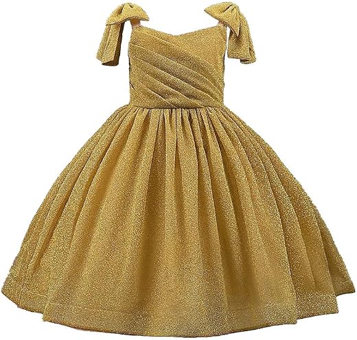 SARAHA DESIGNER Elegant Girls' Gold Glitter Party Dress with Bow-Tied Shoulder Straps &amp; Flowy Pleated Skirt – Perfect for ...