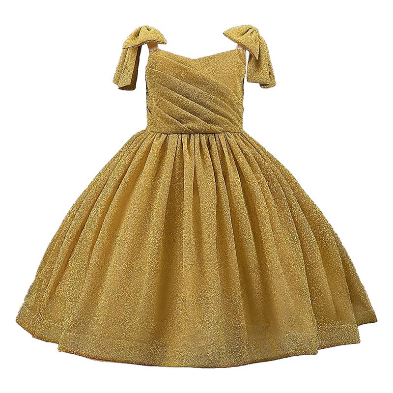 SARAHA DESIGNER Elegant Girls' Gold Glitter Party Dress with Bow-Tied Shoulder Straps & Flowy Pleated Skirt – Perfect for ... - Review, Price and Buying Guide