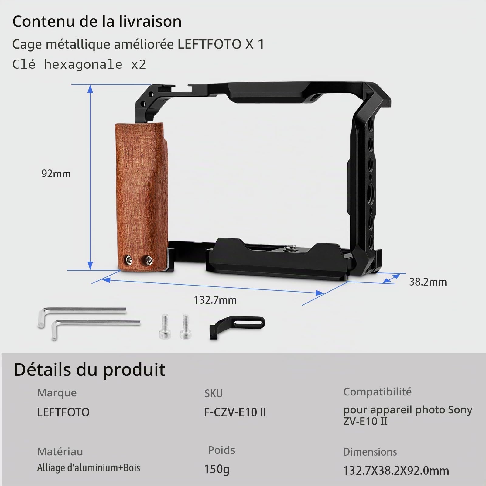 Leftfoto ZV-E10 II Cage métallique améliorée pour appareil photo Sony Alpha ZV-E10 II avec poignée ergonomique en bois intégrée, plaque à dégagement rapide pour Arca pour prise de vue vidéo Vlog