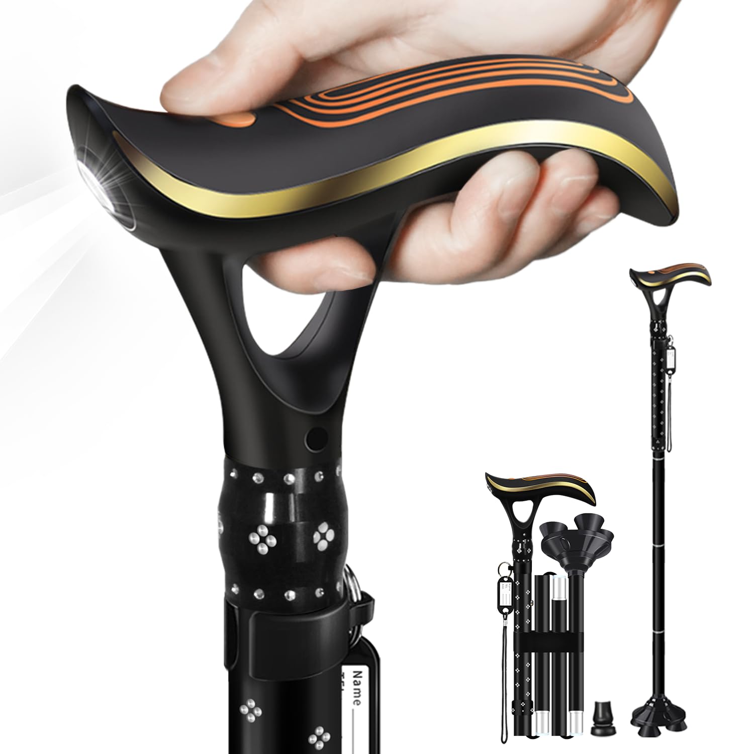 Bastón plegable multifuncional con luz, bastones de moda para mujeres y hombres, bastones ajustables para personas mayores, carga directa USB, ligero y portátil