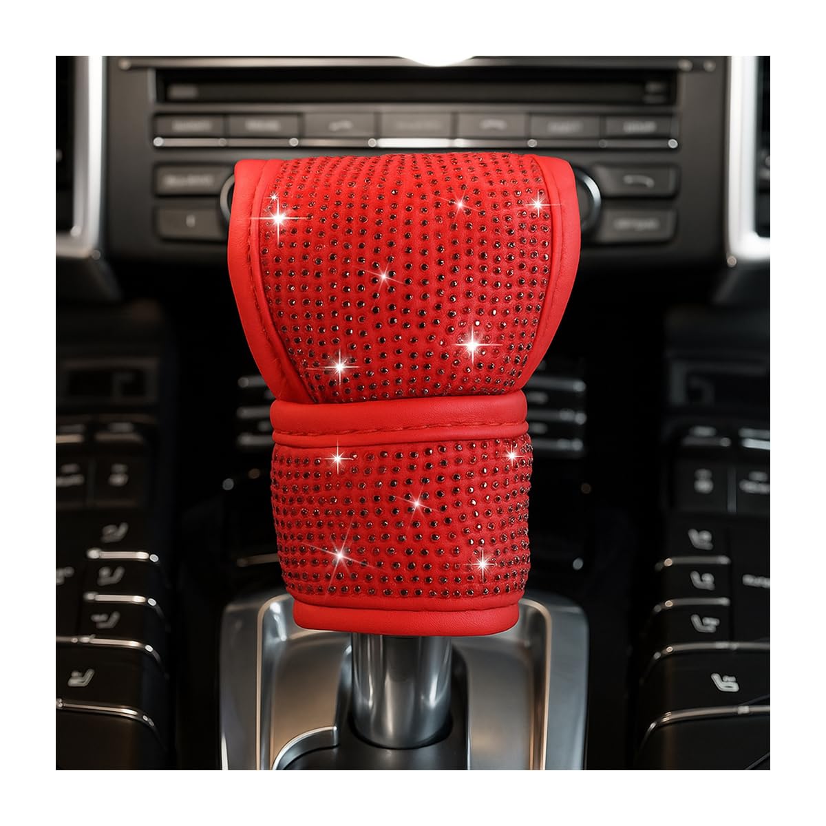 Bling Car Gear Shift Knob Cover, Crystal Rhinestones Leather Vehicle Shifter Stick Protector, Automotive Glitter Diamond Decoration Accessories for Women Girls, Universal Fit (Red)