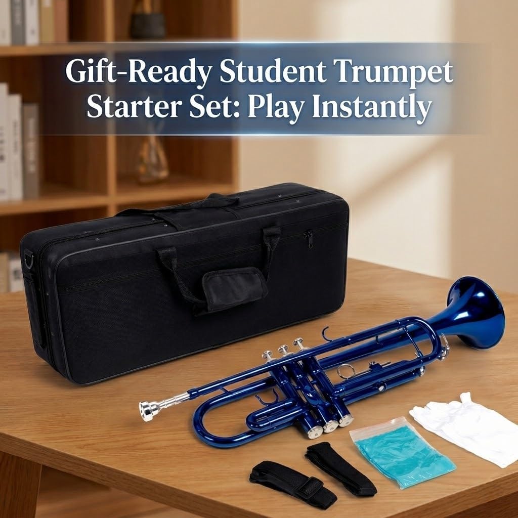 Bb Trumpet Set for Students and Beginners, Standard Brass Trumpet with Hard Case, 7C Mouthpiece, Gloves, Cleaning Cloth, Blue