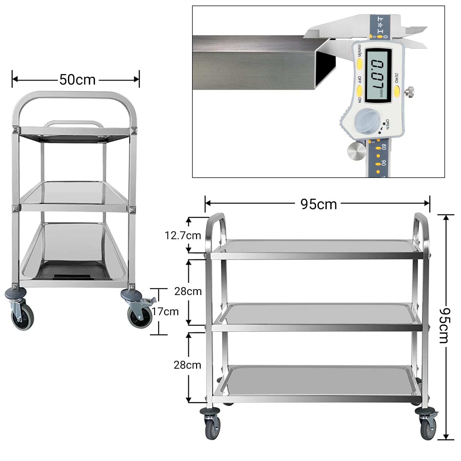 carrello da cucina a 3 ripiani, in acciaio inox, 950 x 950 x 500 mm, multiuso, con ruote e freno, per hotel, ristoranti, cucine, camere