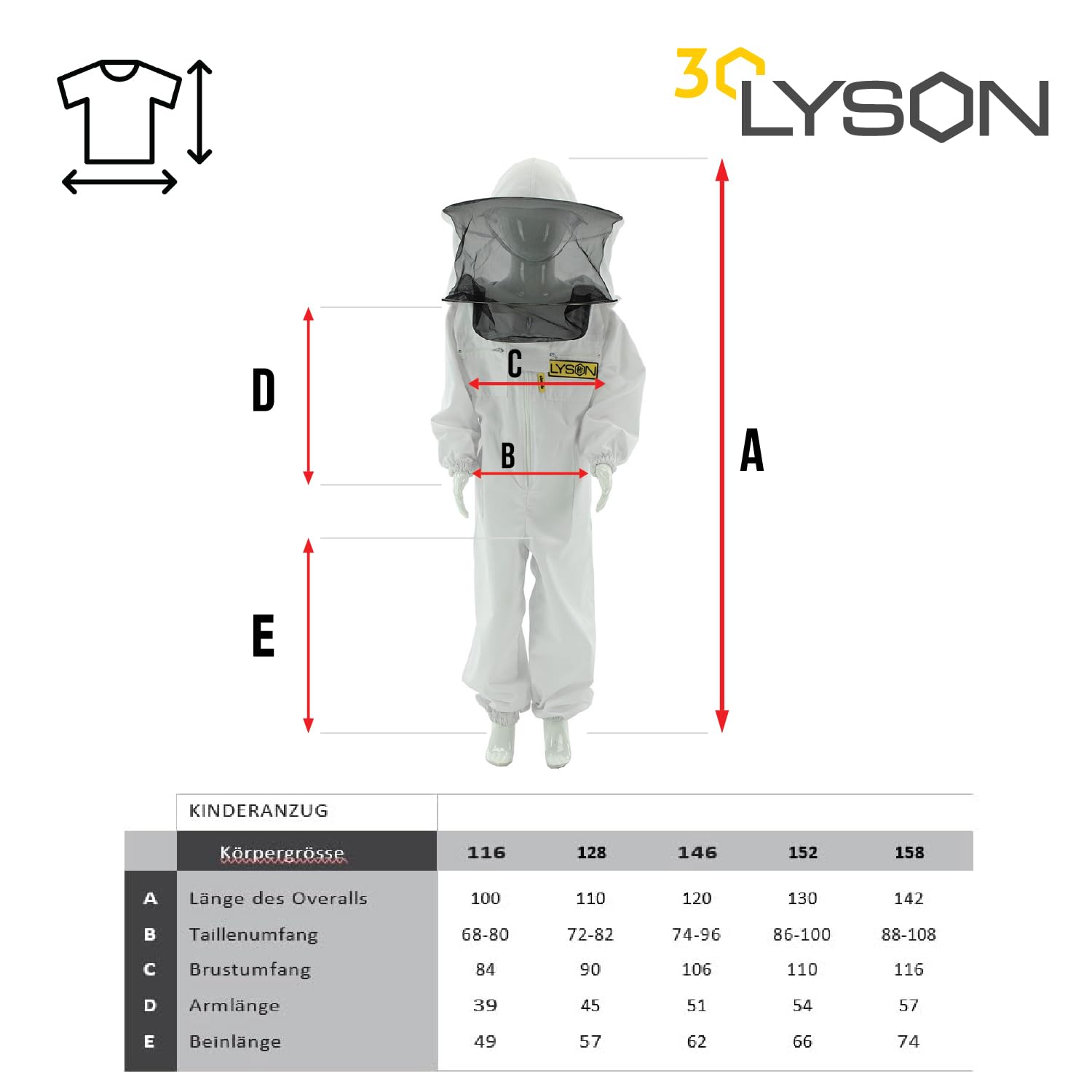 LYSON Kinderanzug mit abnehmbaren Hut Kinderoverall mit Schleier Schutzkleidung für Kinder, Imker Anzug Imkeranzug Schutz vor Bienen 128