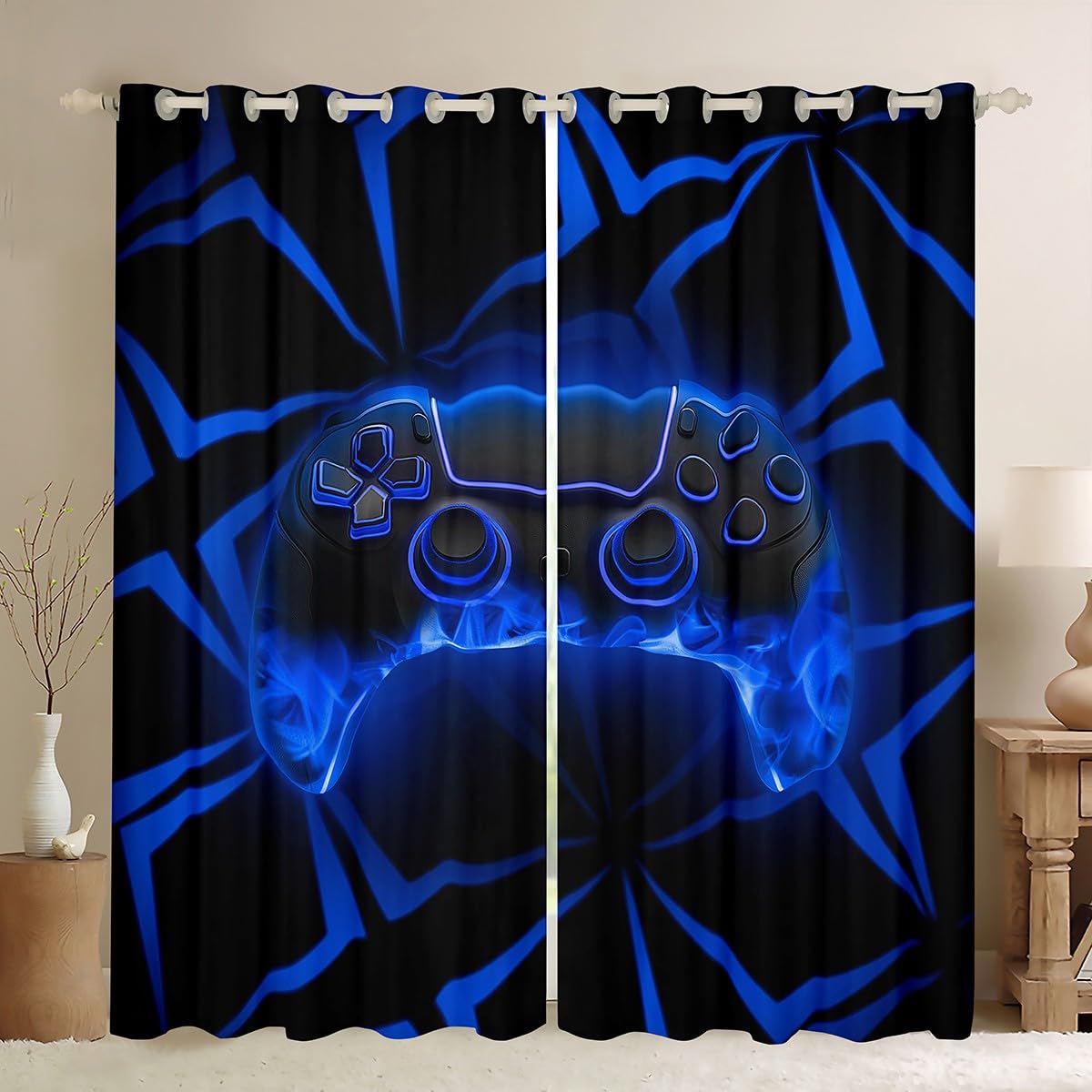Manfei Gamer Kids Blackout Curtain Blue Gamepad Gaming Window Drapes for Boy Girls Room Decor, Blue Fire Geometric Game Window Treatments, Grommet Top 2 Panel Set Bedroom Curtains, 66Wx90L inch โ image 1