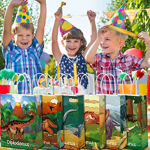 24 Pcs Dinosaur Party Favor Bags With Handle, Dinosaur Kraft Paper Gift Bags Kids Goodie Treat Bags For Boys Girls Dinosaur Dino Theme Birthday Baby Shower Party Supplies Cookie Gift (Vivid Style) #TOP4