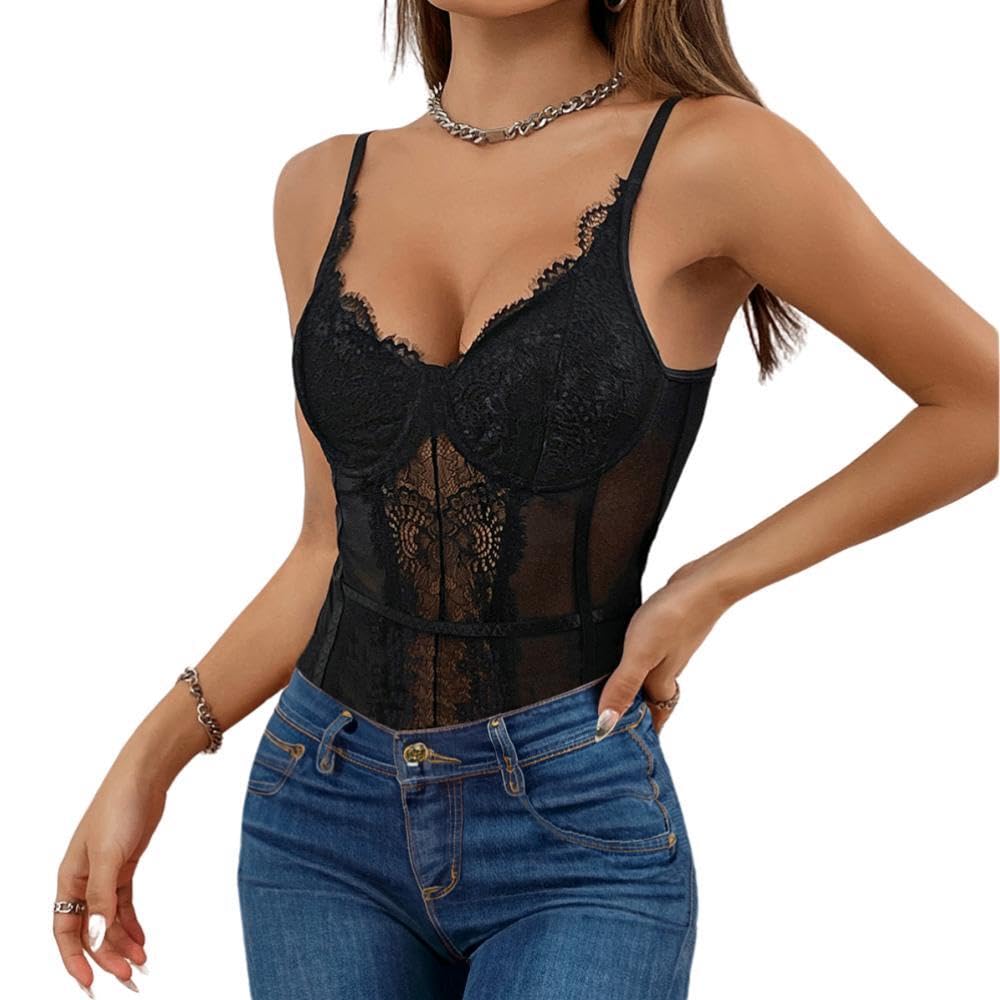 Body Femme Sexy Bodysuit en Maille Transparente Bodys en Dentelle Florale Bretelles Spaghetti Bodycon Combinaisons Jumpsuit Tops Dos Nu Élégant Lingerie Party Justaucorps Clubwear