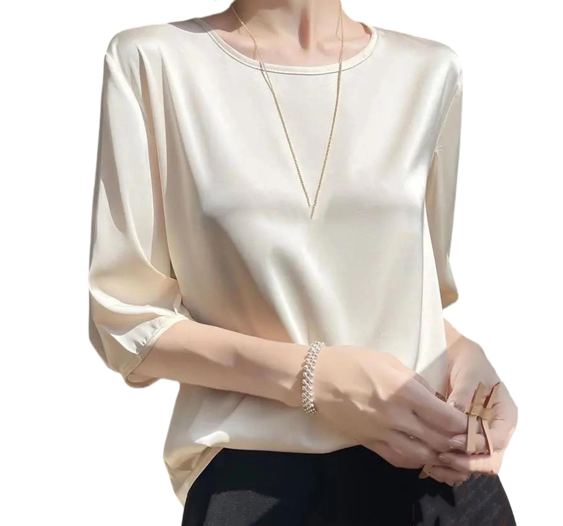 Camicetta estiva da donna in raso, ampia, a mezza manica, casual, tinta unita, con scollo rotondo