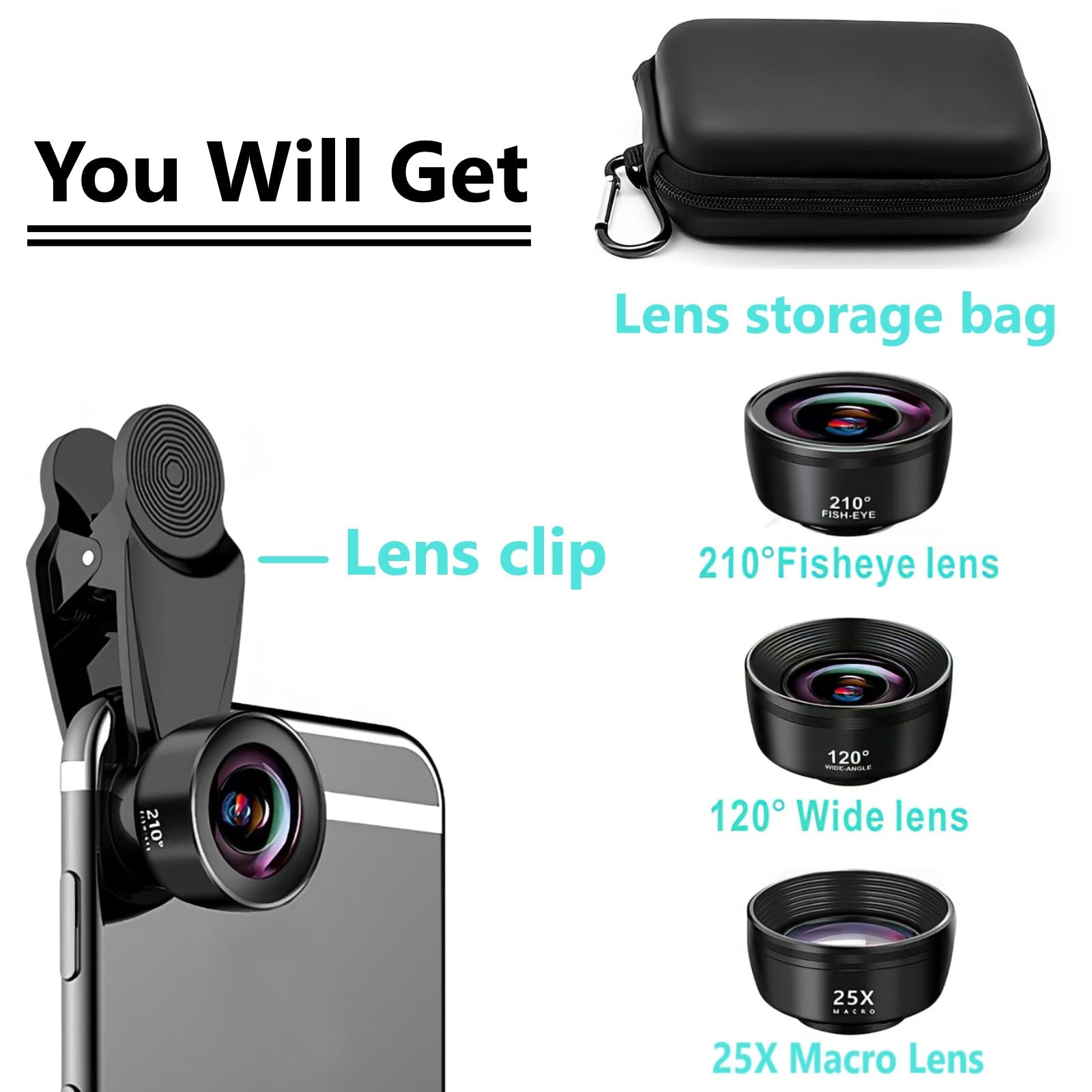 Lente per smartphone, 3 in 1 Lente macro per iphone, Obiettivo per iphone, grandangolare, obiettivo Macro, 210° fisheye lens, per tutti gli smartphone