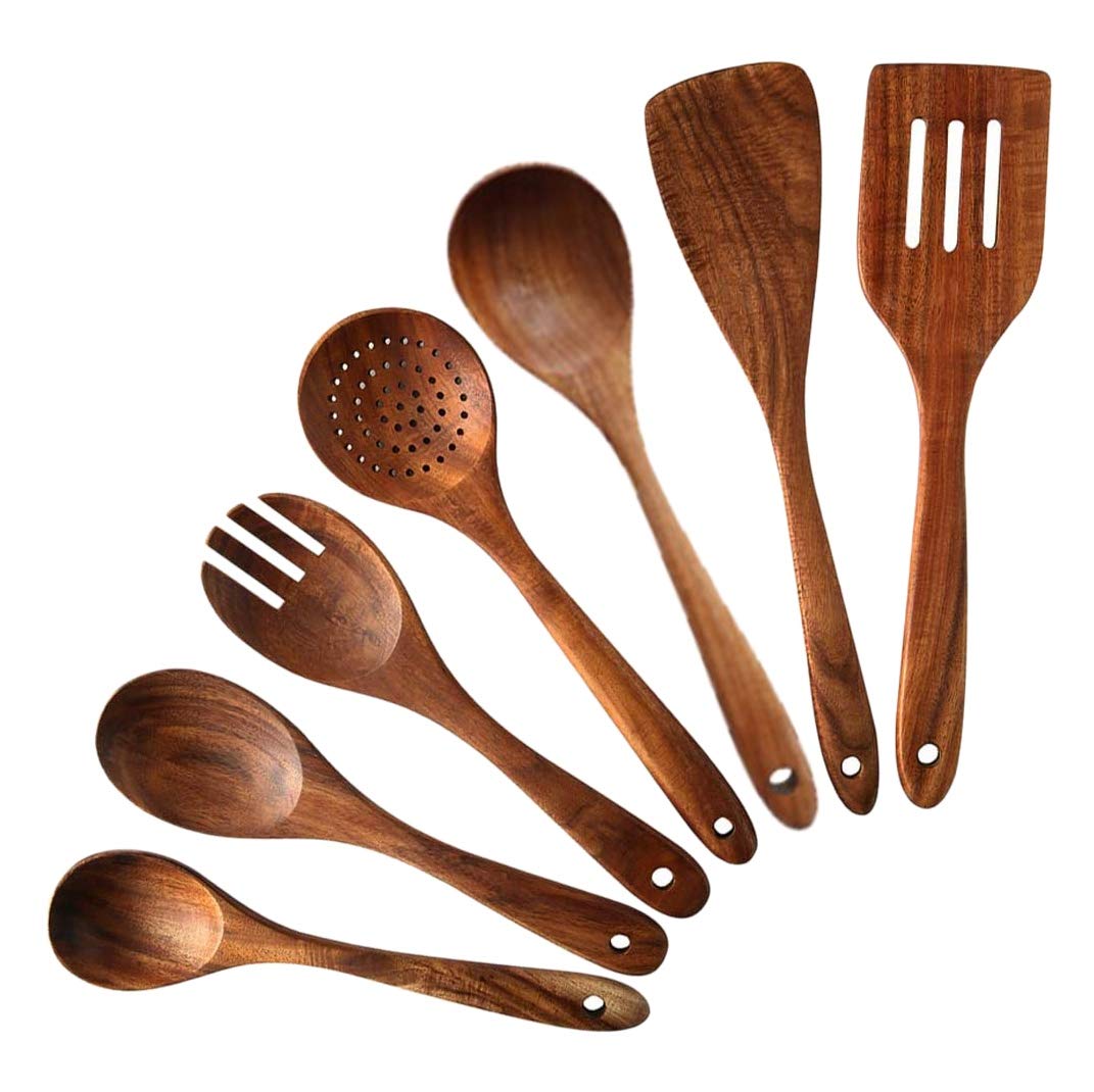 CTRLZS 7 PCS Teak Wooden Kitchen Cooking Utensils, Non-Stick Spoons and Spatula Cookware for