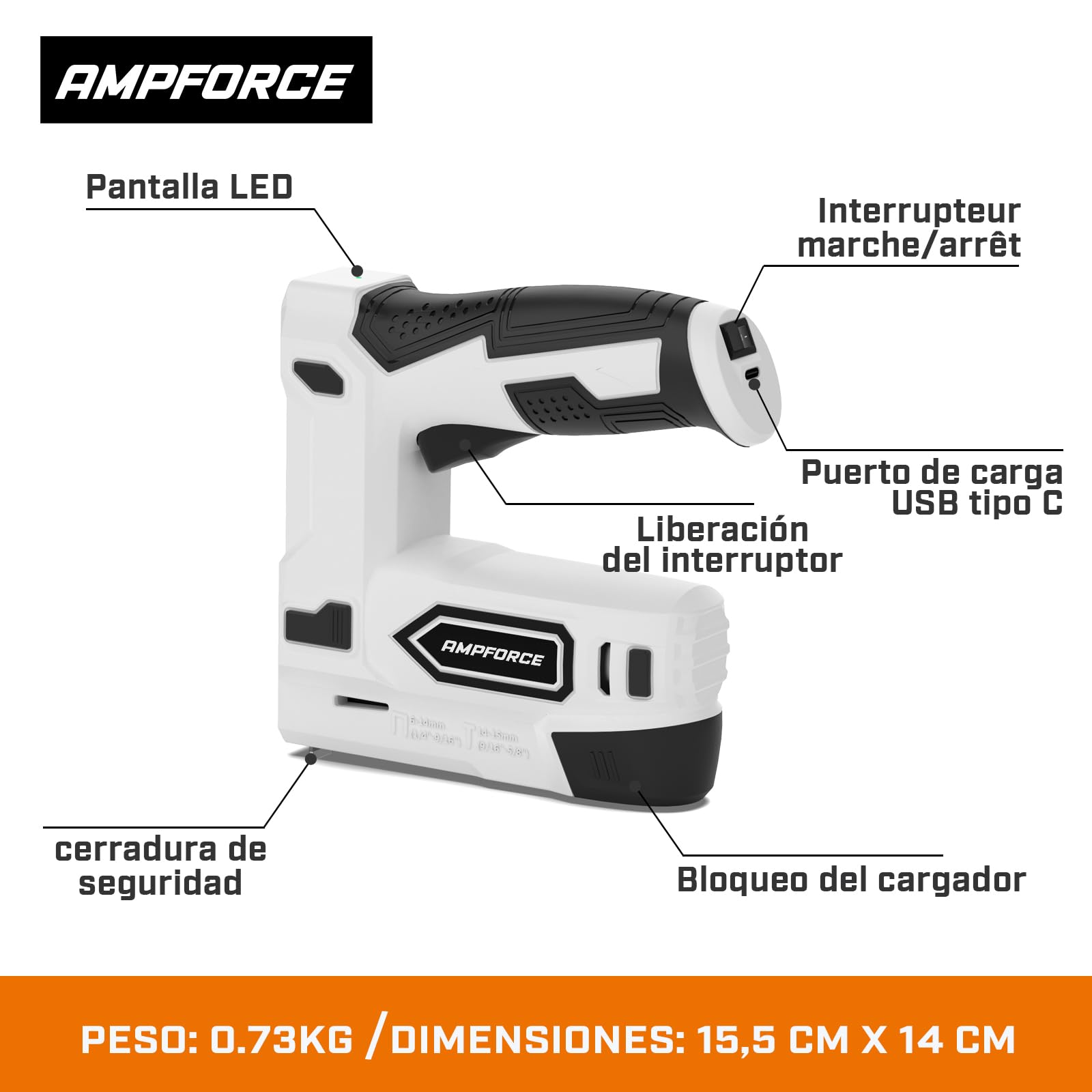 Pistola de Grapas Eléctrica 2 en 1 Inalámbrica 4V con Batería Litio, USB-C, Incluye Grapas y Clavos para Tapicería, Reparación de Muebles, Alfombras y Bricolaje