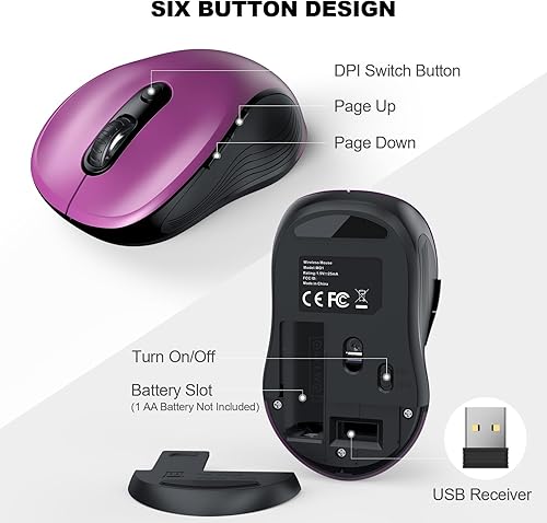 Miniatura 5 de WisFox Mouse inalámbrico de 2.4G para portátil, mouse ergonómico con receptor USB y 3 niveles ajustables, mouse inalámbrico de 6 botones para